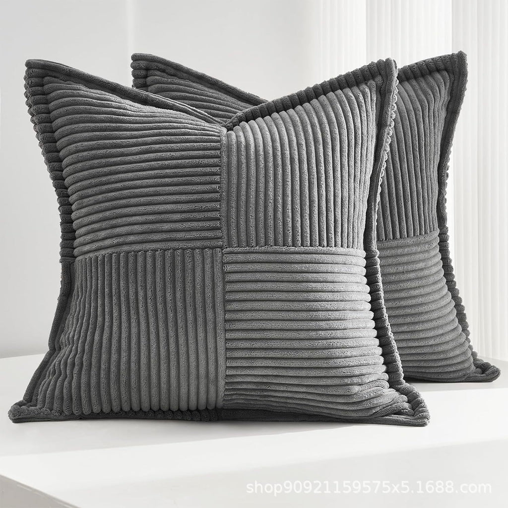 Gray corduroy pillow covers with broad striped texture and soft finish, ideal for modern decorative couch cushions.