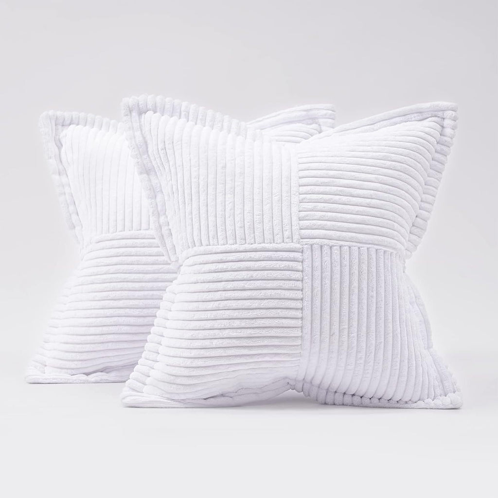 White corduroy pillow covers with soft, broad striped texture, ideal for minimalist and elegant home decor.