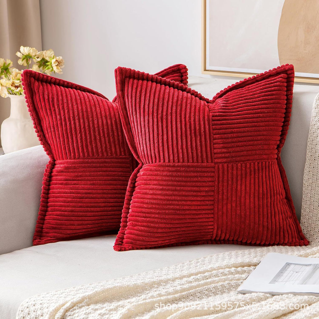 Deep red corduroy pillow covers with textured stripes, ideal for festive or Christmas-themed throw pillow decor.