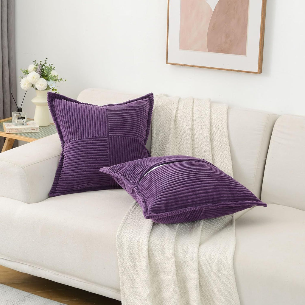 Purple corduroy pillow covers with soft striped texture, perfect for adding a cozy and colorful accent to your sofa.