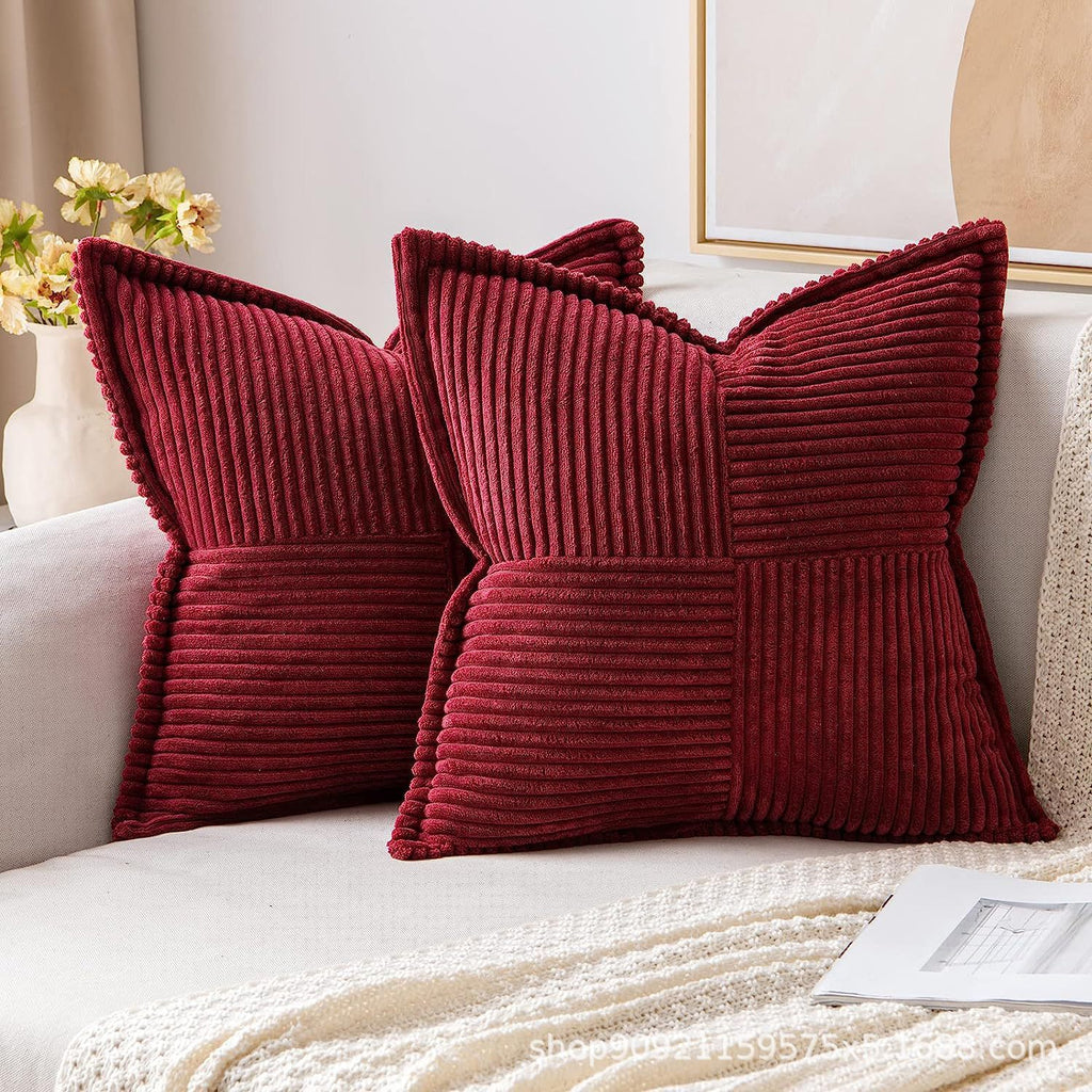 Burgundy red corduroy pillow covers with decorative striped texture, perfect for Christmas throw pillows or festive home accents.