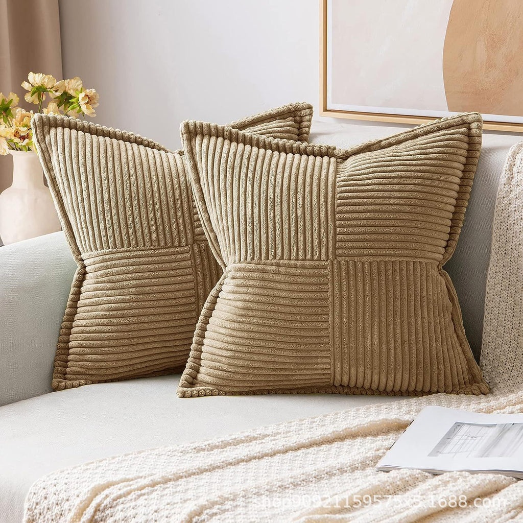 Khaki corduroy pillow covers featuring a broad striped pattern and soft texture, perfect for decorative couch cushions.